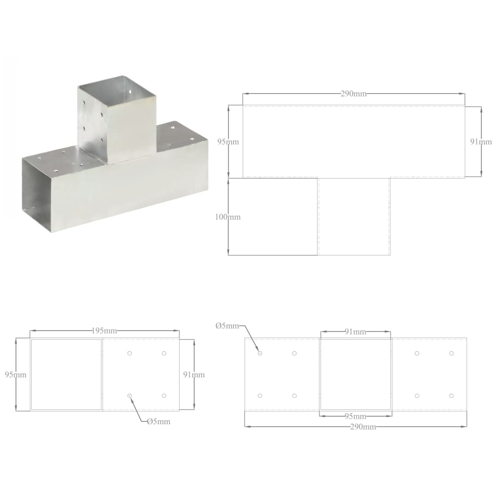 Connettori per Pali a Forma di T 4 pz Metallo Zincato 91x91 mm | homemem39