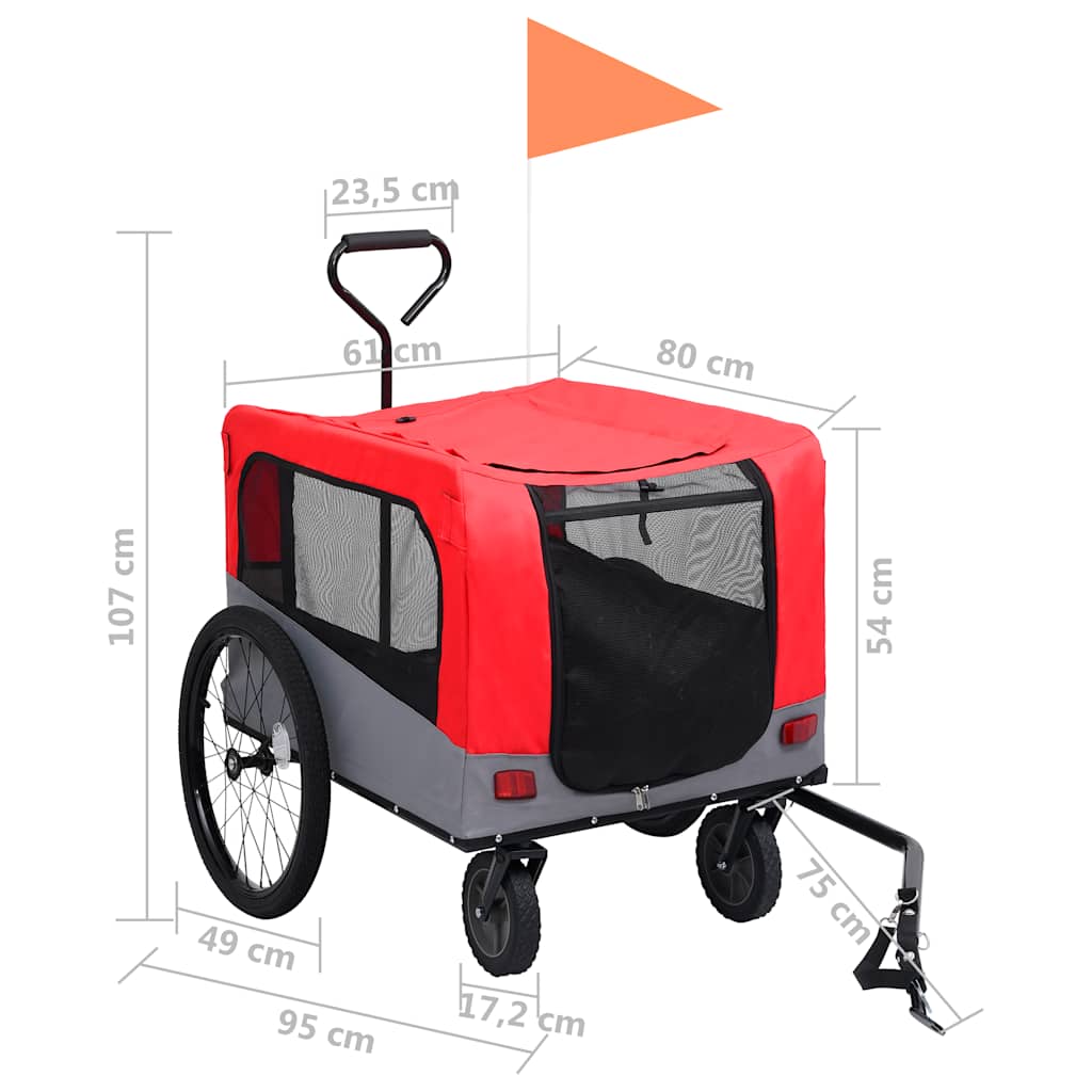 Rimorchio Bici Animali e Carrello Jogging 2 in 1 Rosso e Grigio - homemem39