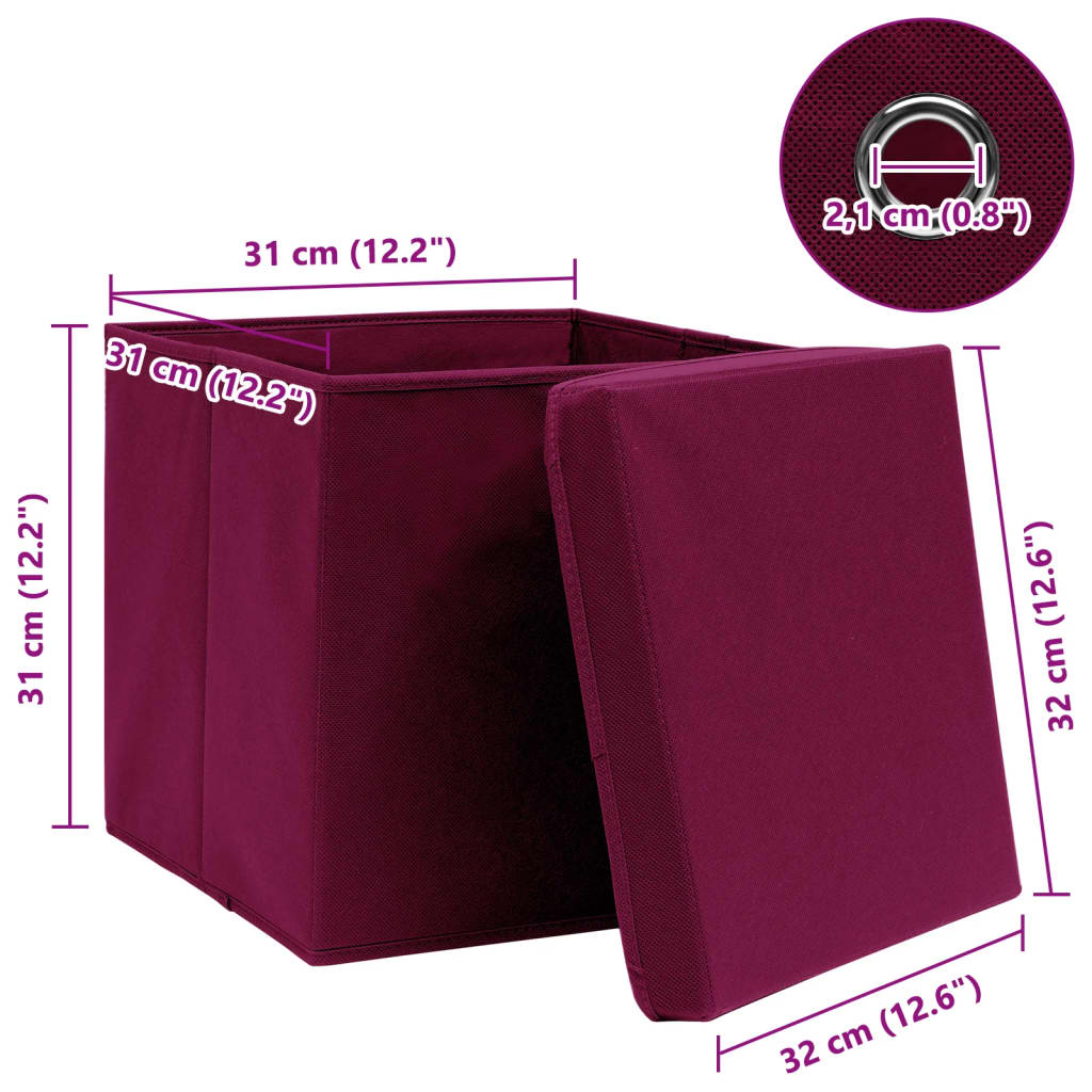 Scatole con Coperchi 4pz Rosso Scuro 32x32x32 cm Tessuto