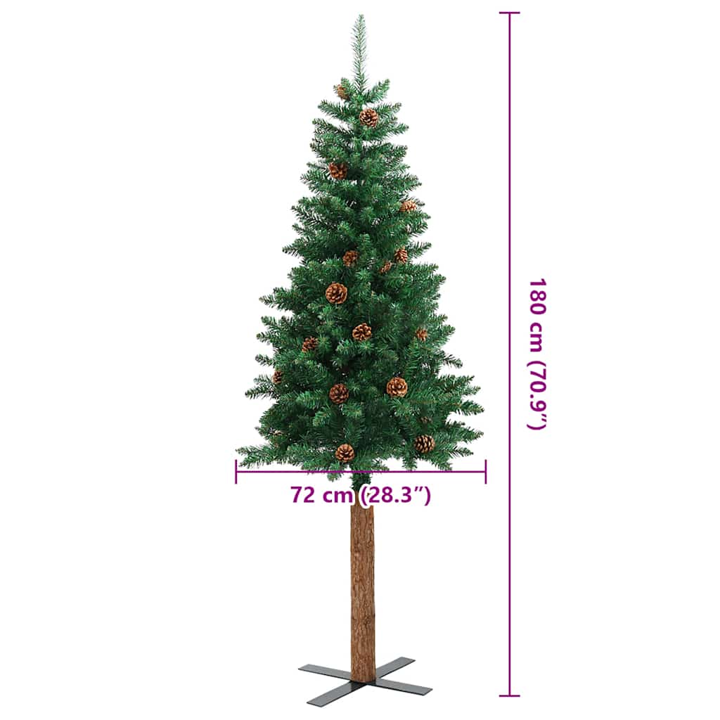 Albero di Natale Sottile con Legno Vero e Pigne Verde 180cm PVC