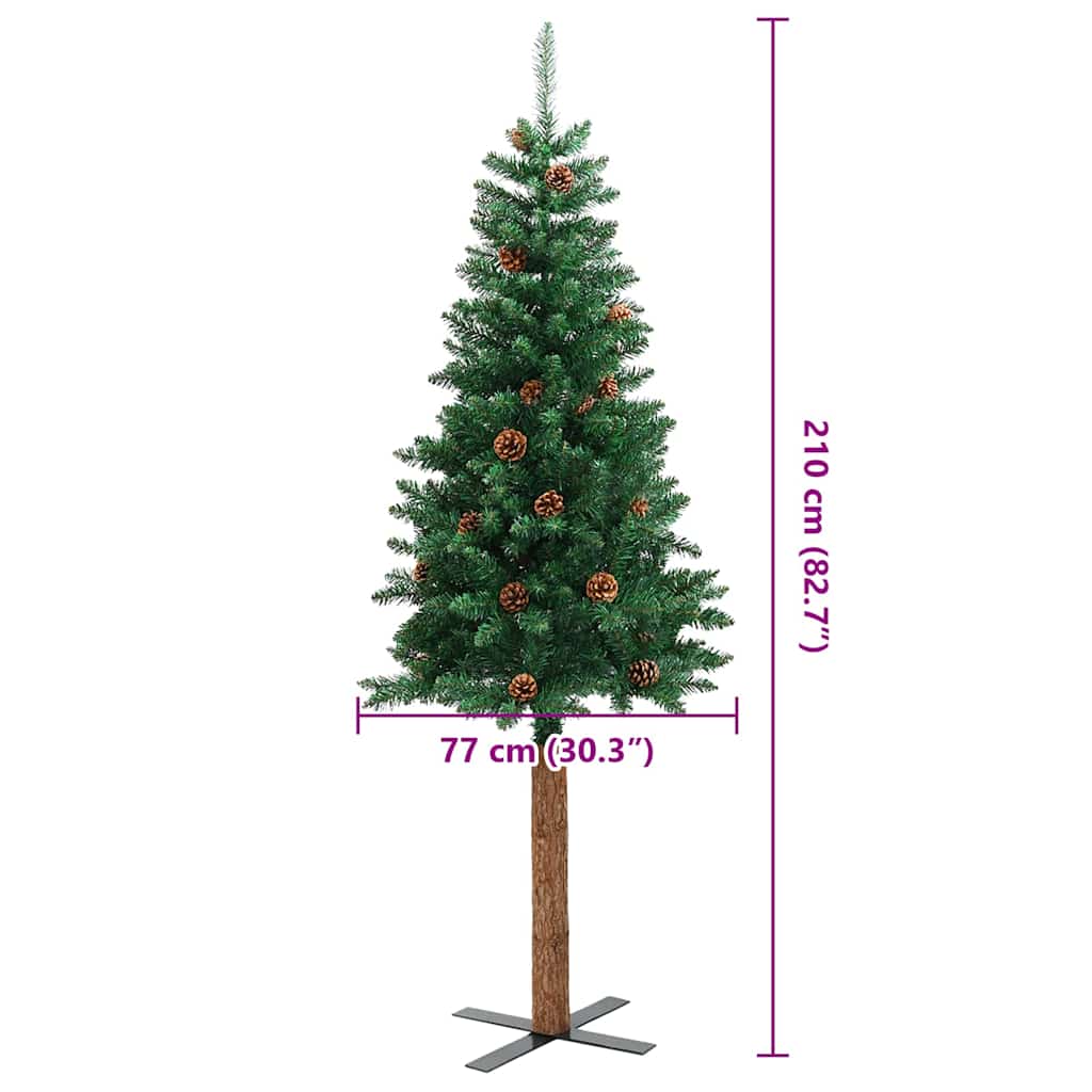 Albero di Natale Sottile con Legno Vero e Pigne Verde 210cm PVC