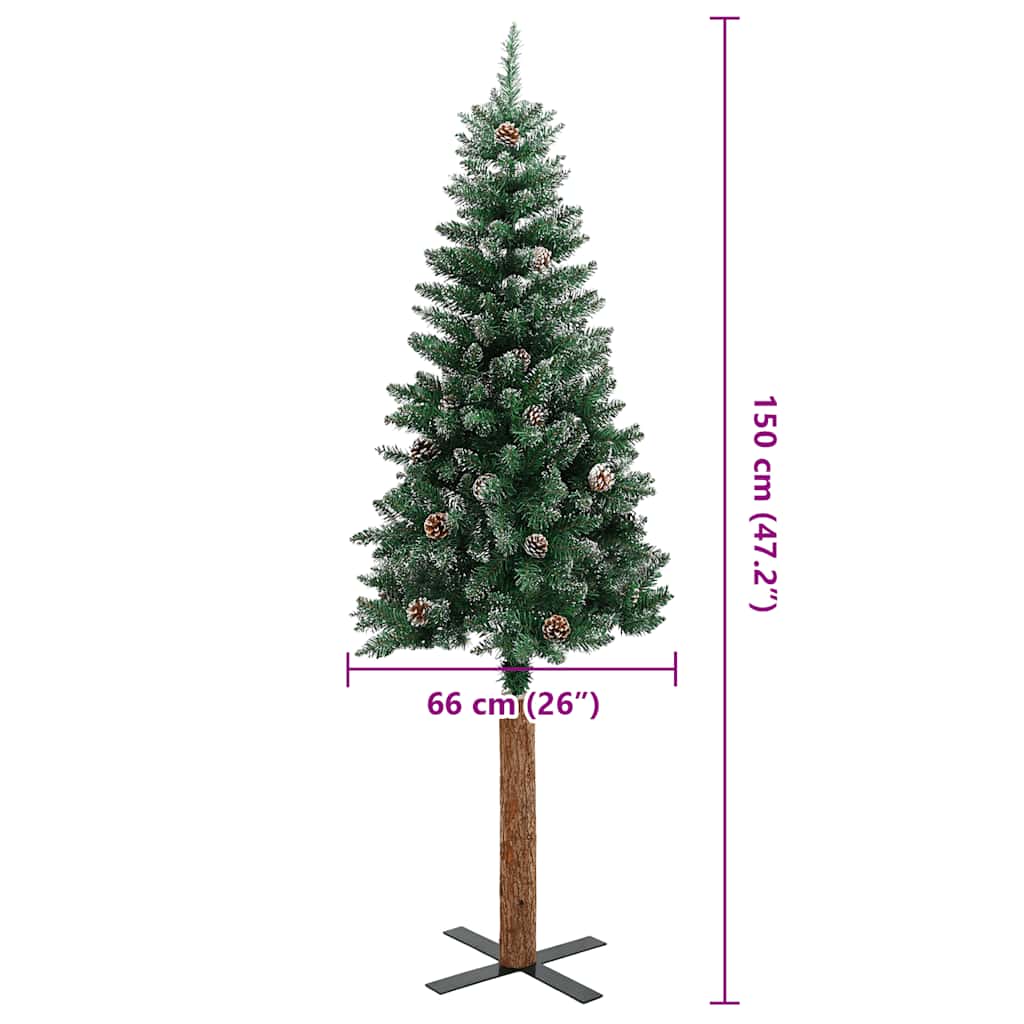 Albero di Natale Sottile con Legno Vero e Neve Verde 150 cm