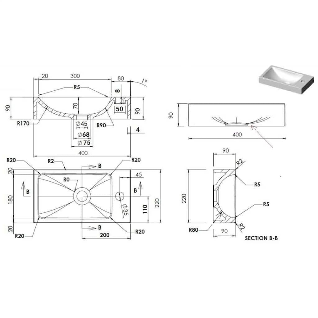 Lavabo 400x220x90 mm in SMC Bianco | homemem39
