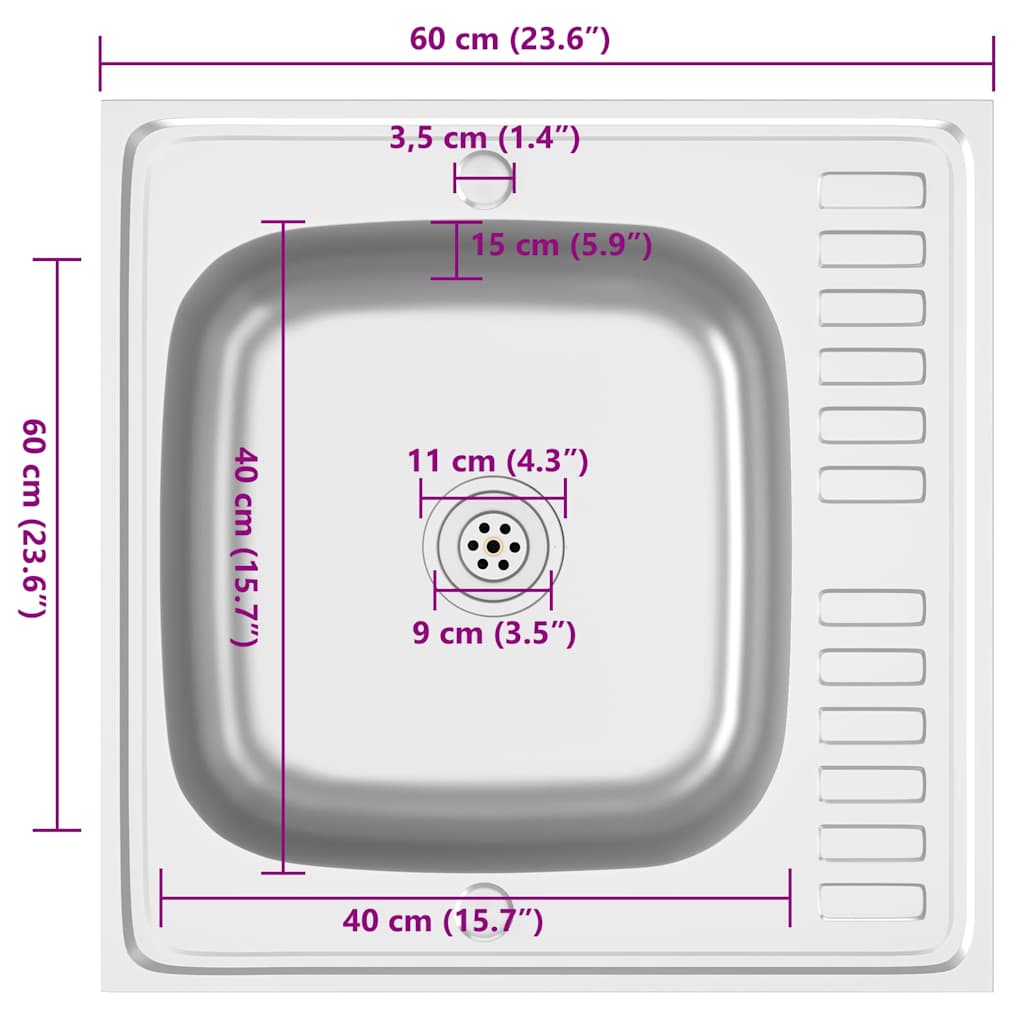 Lavello da Cucina con Scarico Argento 600x600x155 mm Acciaio
