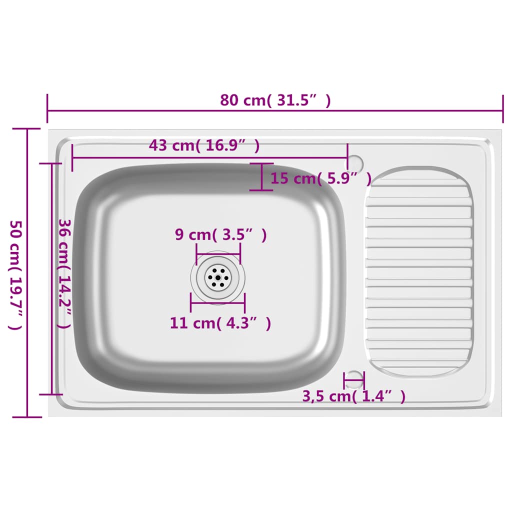 Lavello da Cucina con Scarico Argento 800x500x155 in Acciaio | homemem39