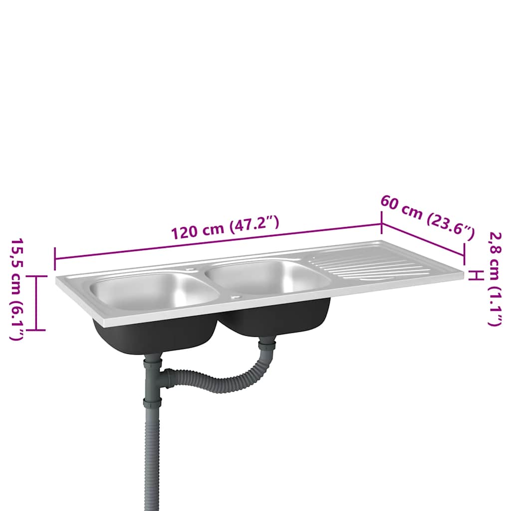 Lavello da Cucina Doppia Vasca Argento 1200x600x155 mm Acciaio