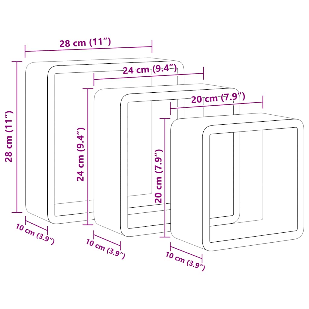 Mensole a Cubo da Parete 3 pz Nere in MDF | homemem39