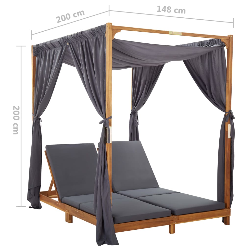 Lettino Prendisole Doppio con Tende e Cuscini in Legno Acacia | homemem39