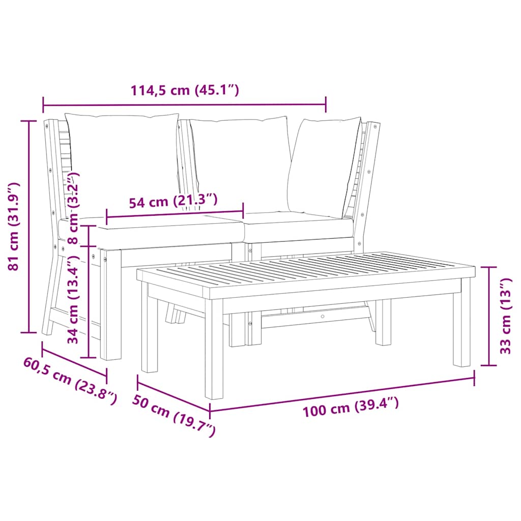 Set Divani Giardino 3pz Cuscini Grigio Scuro Acacia Massello