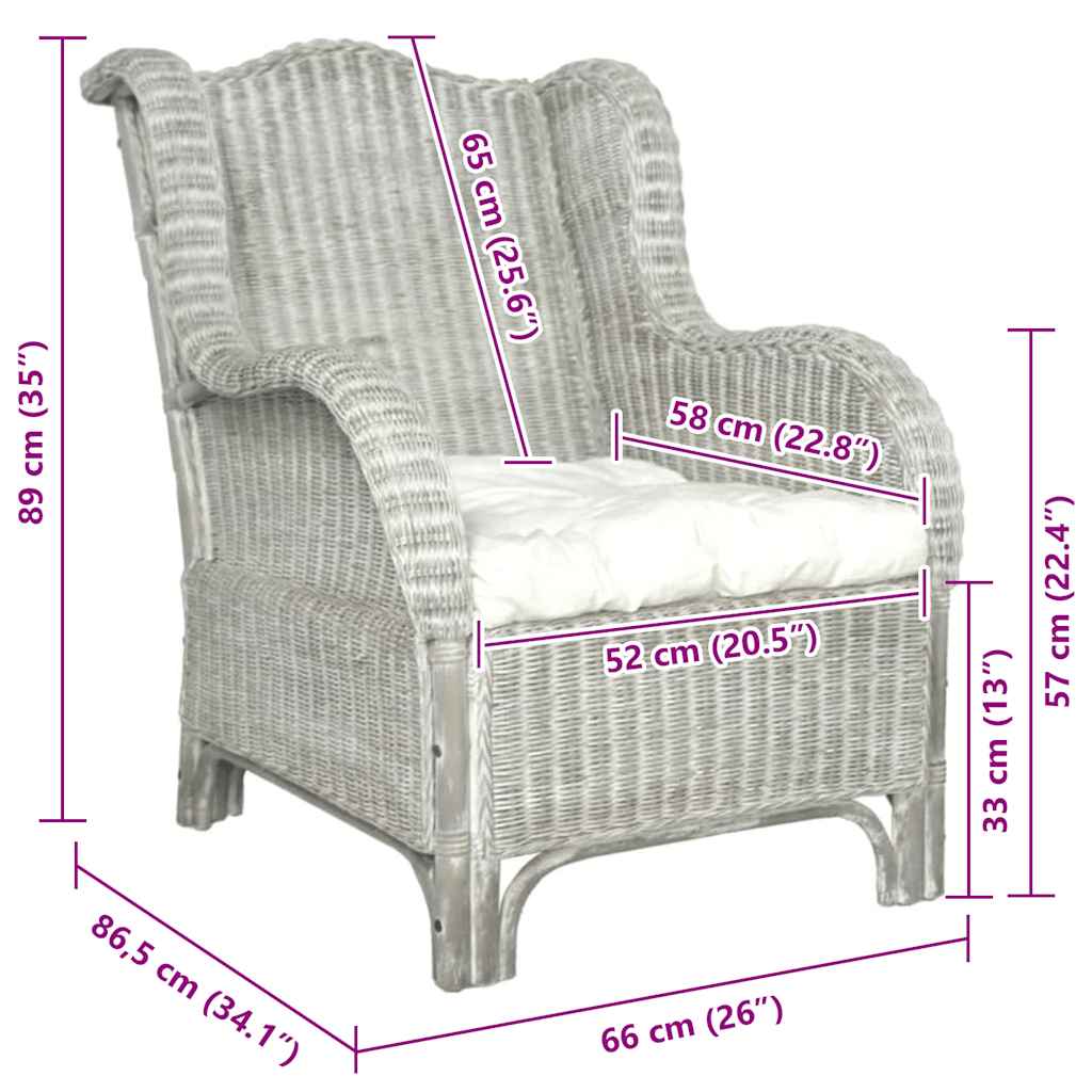 Poltrona con Cuscino Grigio in Rattan Naturale e Lino
