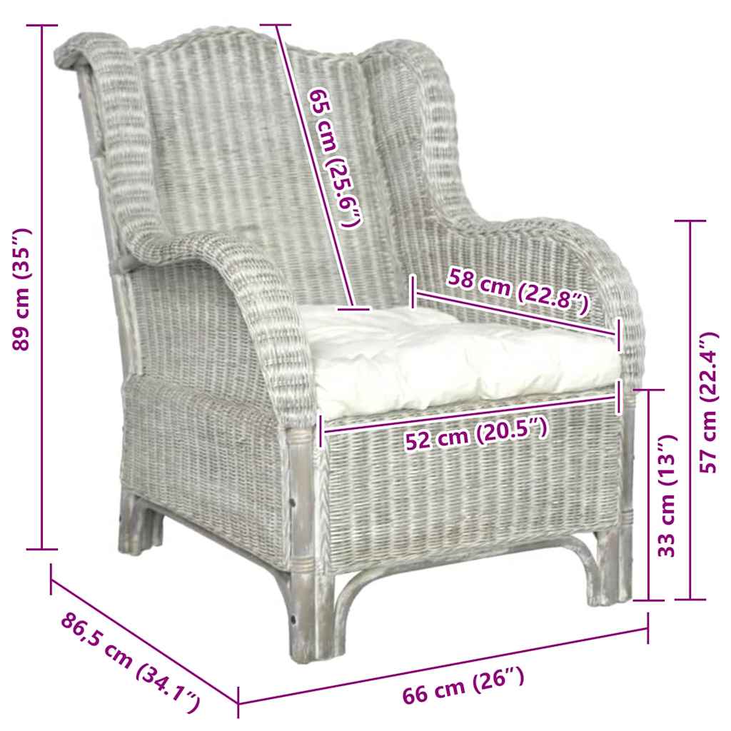 Poltrona con Cuscino Grigio in Rattan Naturale e Lino