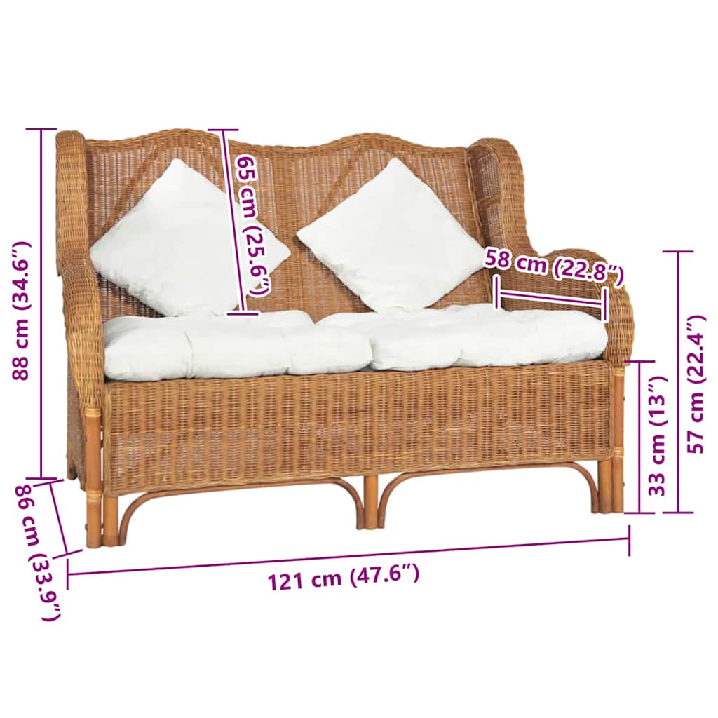 Divano a 2 Posti Marrone Chiaro in Rattan Naturale e Lino | homemem39