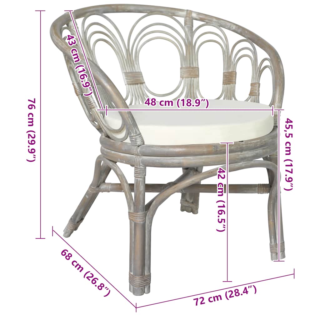 Sedia da Pranzo con Cuscino Grigio in Rattan Naturale e Lino