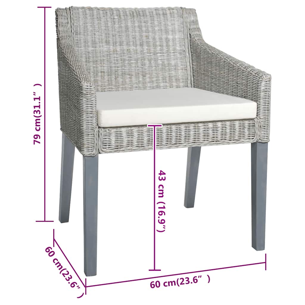 Sedie da Pranzo con Cuscini 2 pz Grigi in Rattan Naturale