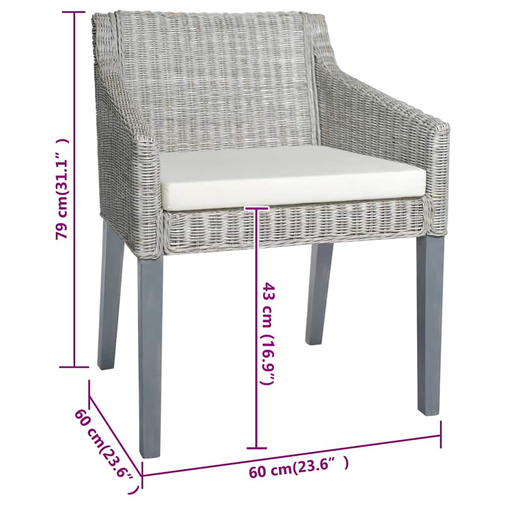 Sedie da Pranzo con Cuscini 2 pz Grigi in Rattan Naturale
