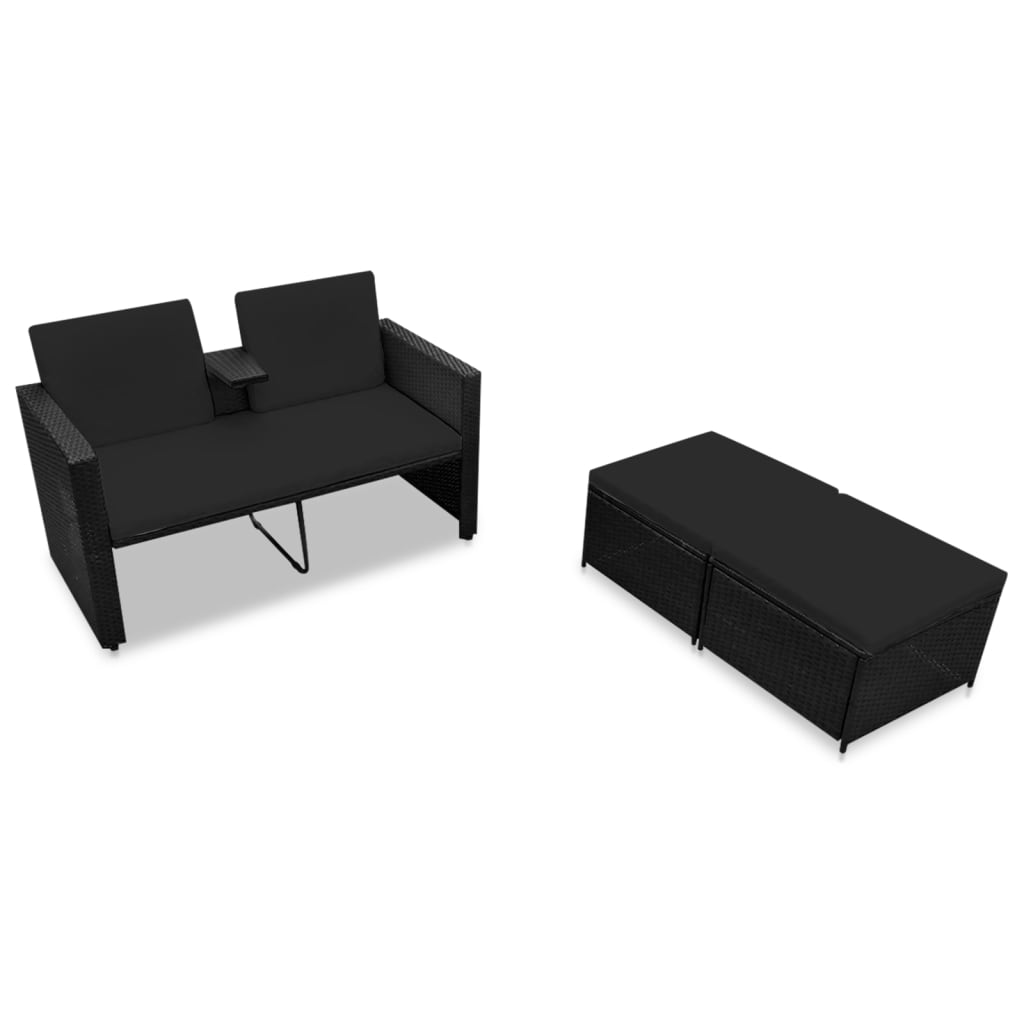 Set Divani da Giardino 3 pz con Cuscini in Polyrattan Nero | homemem39