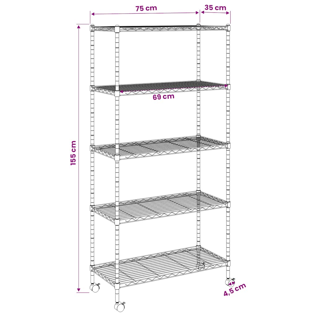 Scaffale a 5 Livelli con Ruote 75x35x155 cm Cromato 250 kg | homemem39