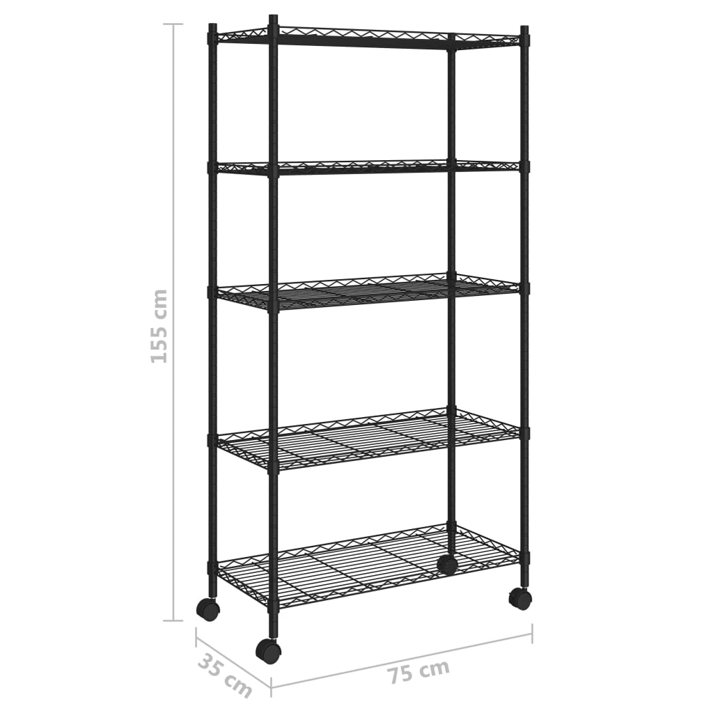Scaffale a 5 Livelli con Ruote 75x35x155 cm Nero 250 kg - homemem39
