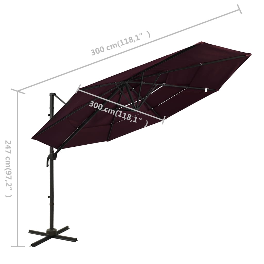 Ombrellone a Sbalzo 4 Livelli Palo in Alluminio 3x3 m Bordeaux | homemem39