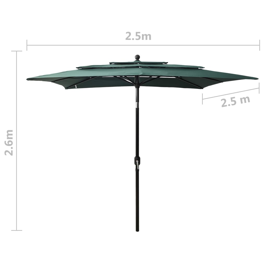 Ombrellone a 3 Livelli con Palo in Alluminio Verde 2,5x2,5 m | homemem39
