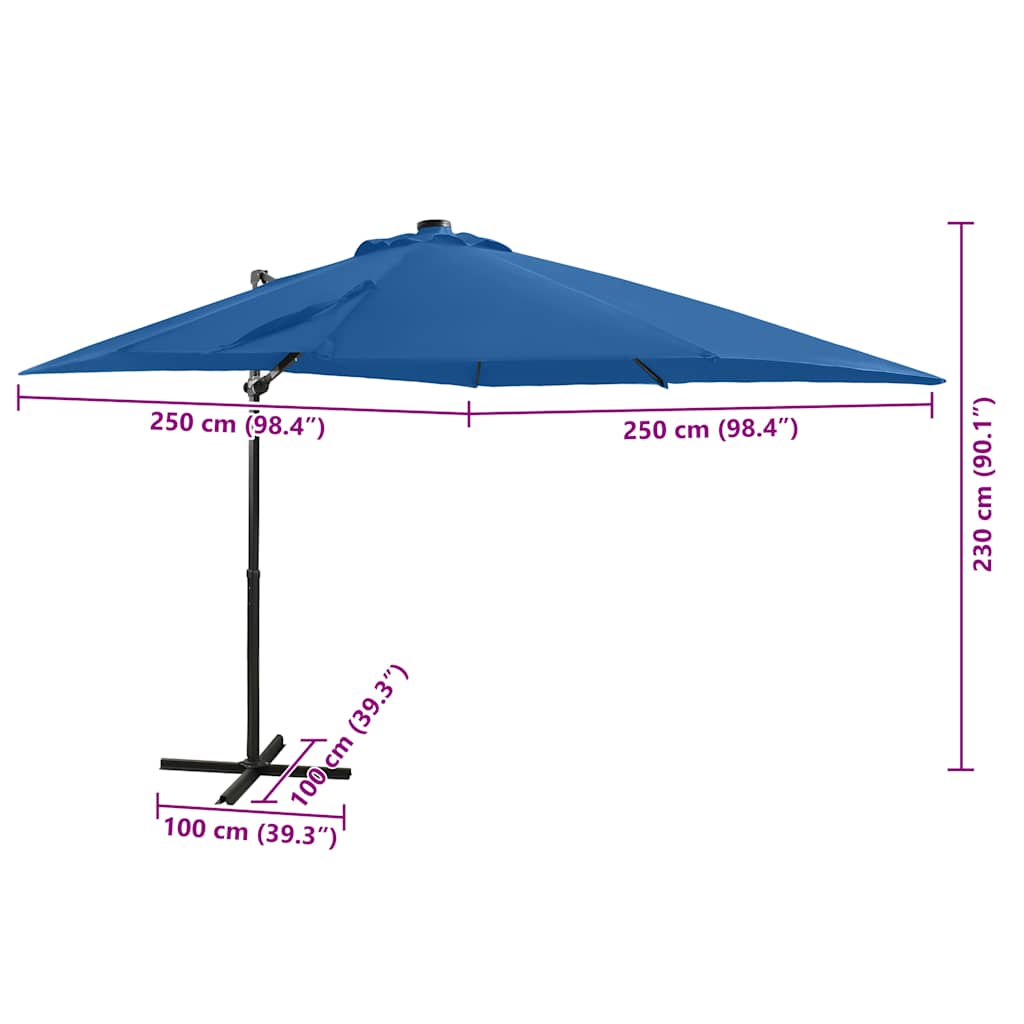 Ombrellone a Sbalzo con Palo e Luci a LED Azzurro 250 cm