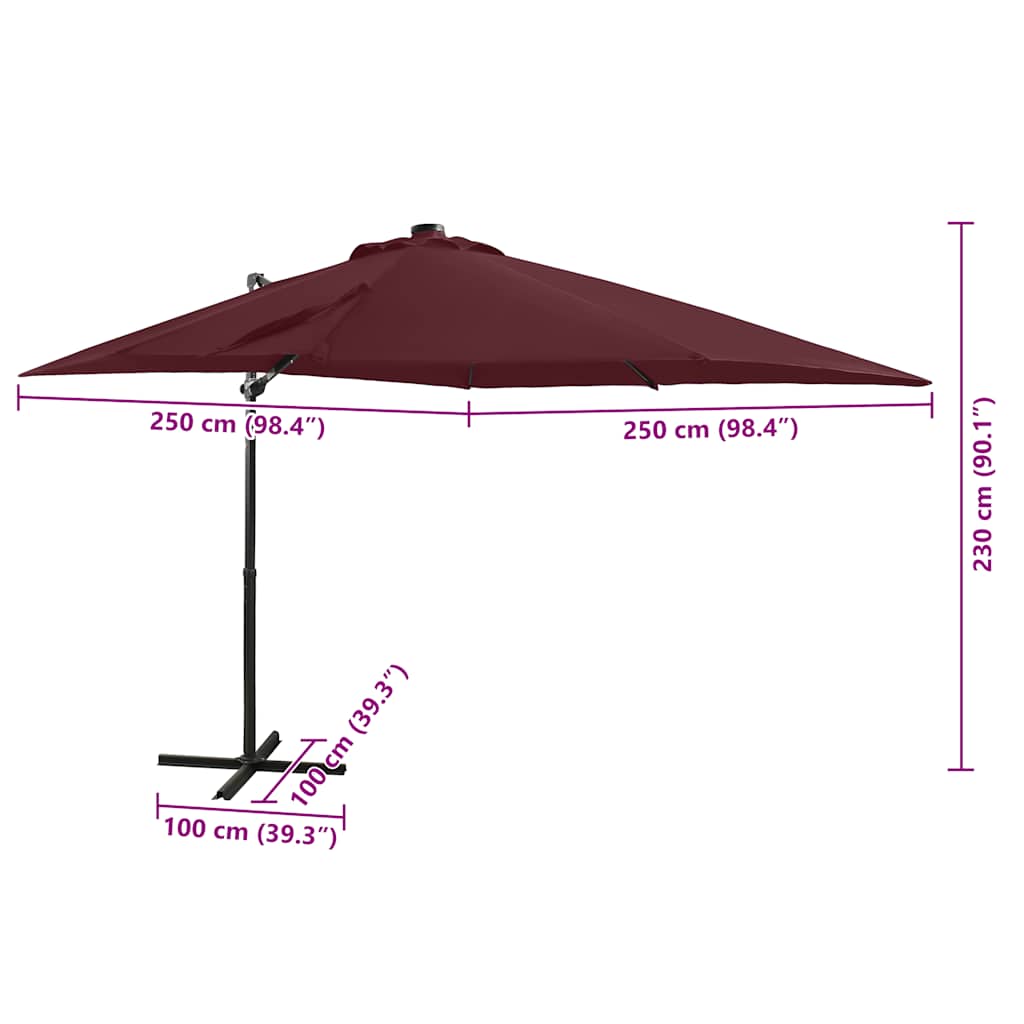 Ombrellone a Sbalzo con Palo e Luci a LED Bordeaux 250 cm | homemem39