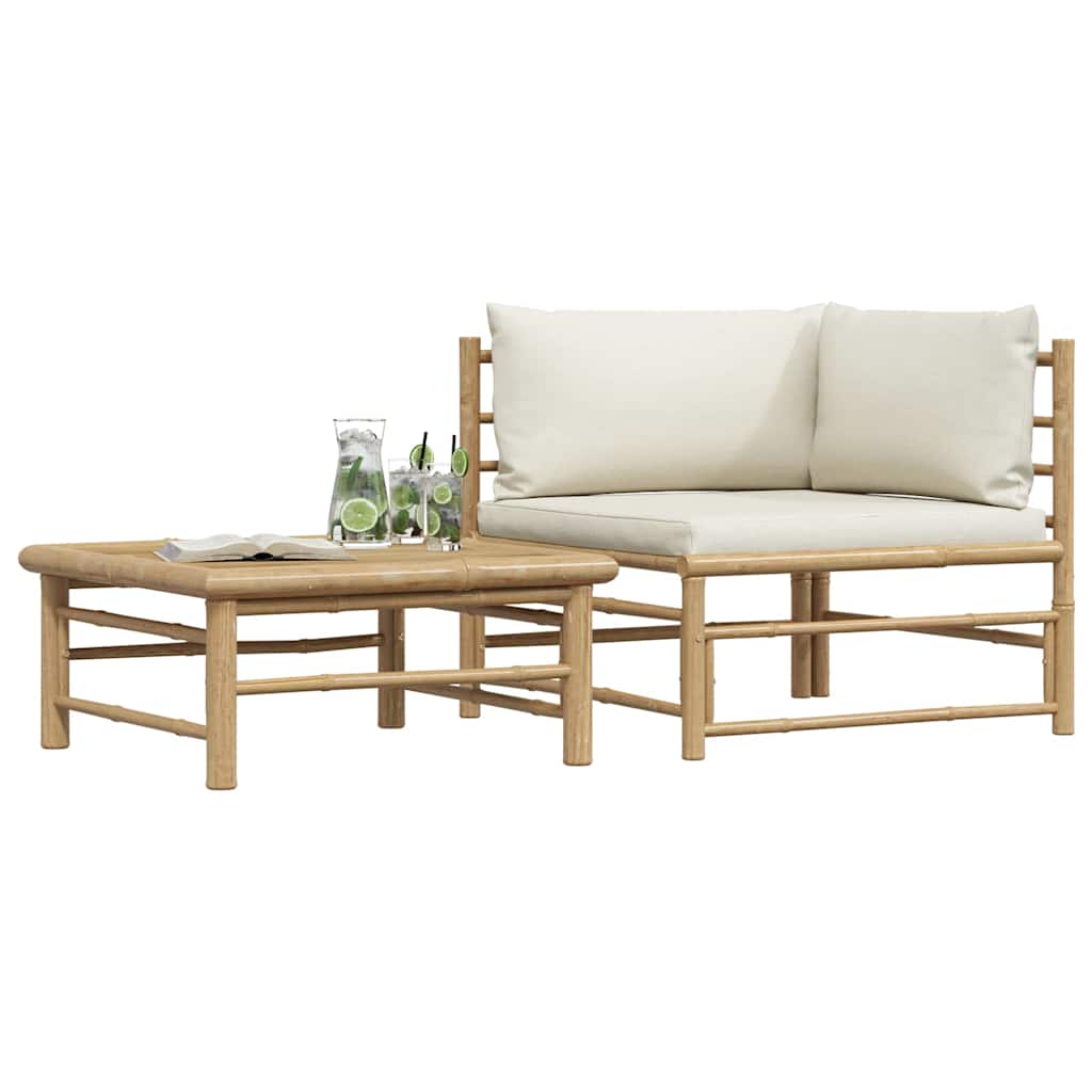 Set Divani da Giardino 2 pz con Cuscini Bianco Crema in Bambù
