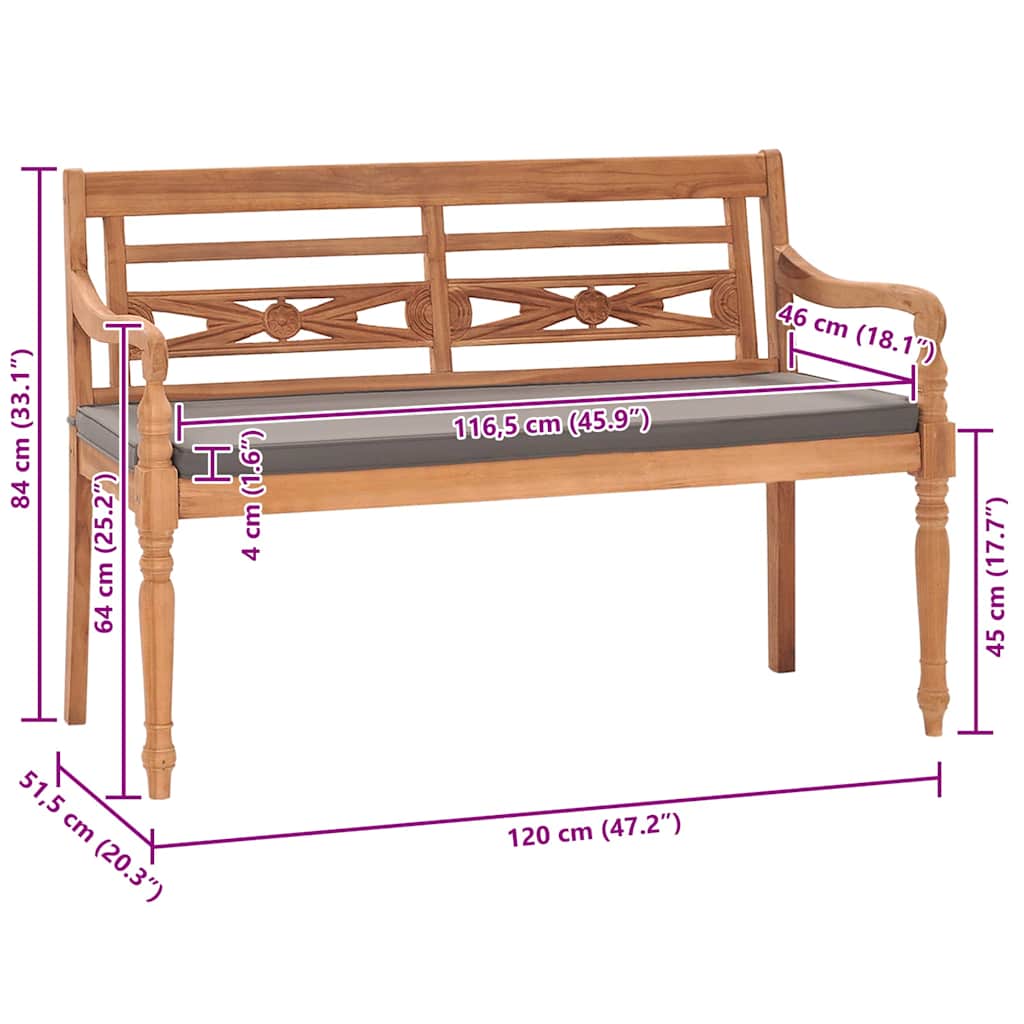 Panca Batavia con Cuscino Grigio Scuro 120 cm Massello di Teak