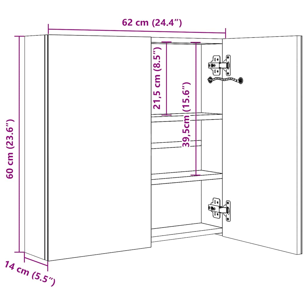 Armadietto Bagno con Specchio e LED Grigio Cemento 62x14x60 cm | homemem39