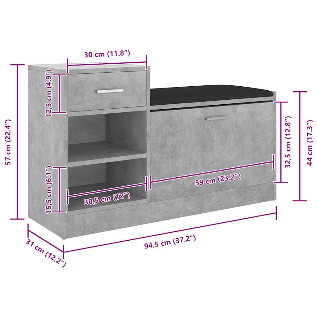 Panca Porta Scarpe Grigio Cemento 94,5x31x57 cm Multistrato | homemem39