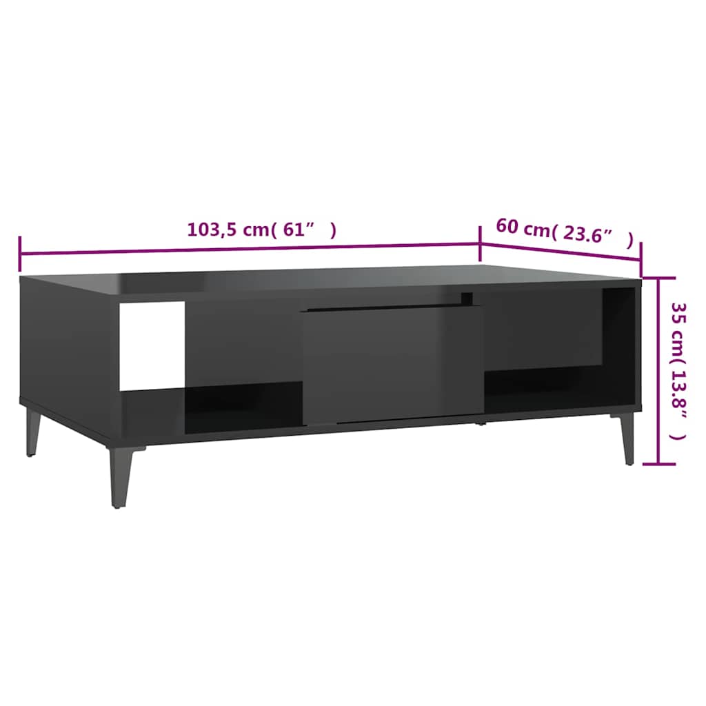Tavolino da Salotto Nero Lucido 103,5x60x35cm Legno Multistrato