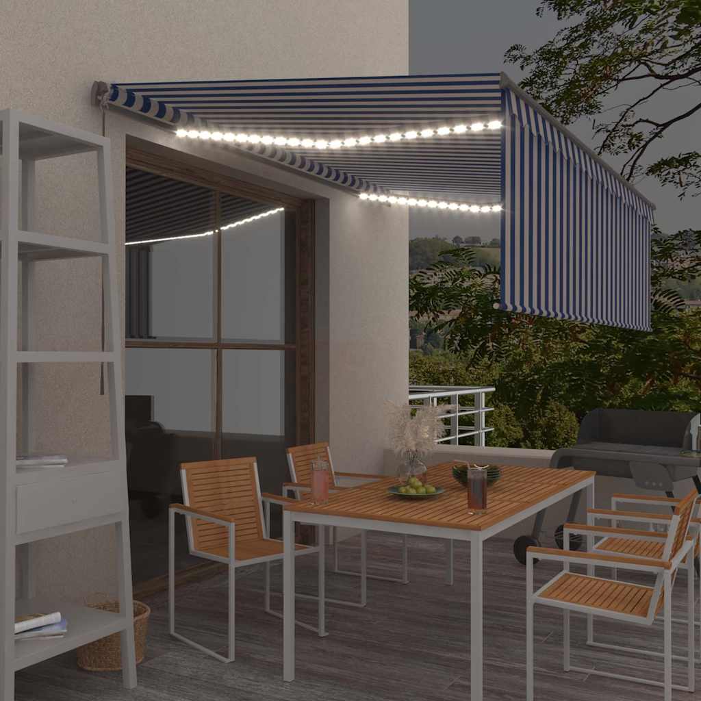 Tenda Sole Retrattile Manuale con LED 4x3m Blu e Bianco | homemem39