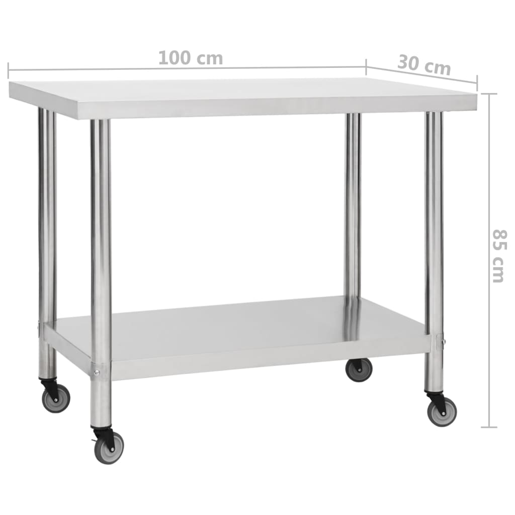 Tavolo da Lavoro Cucina con Ruote 100x30x85 cm in Acciaio Inox | homemem39