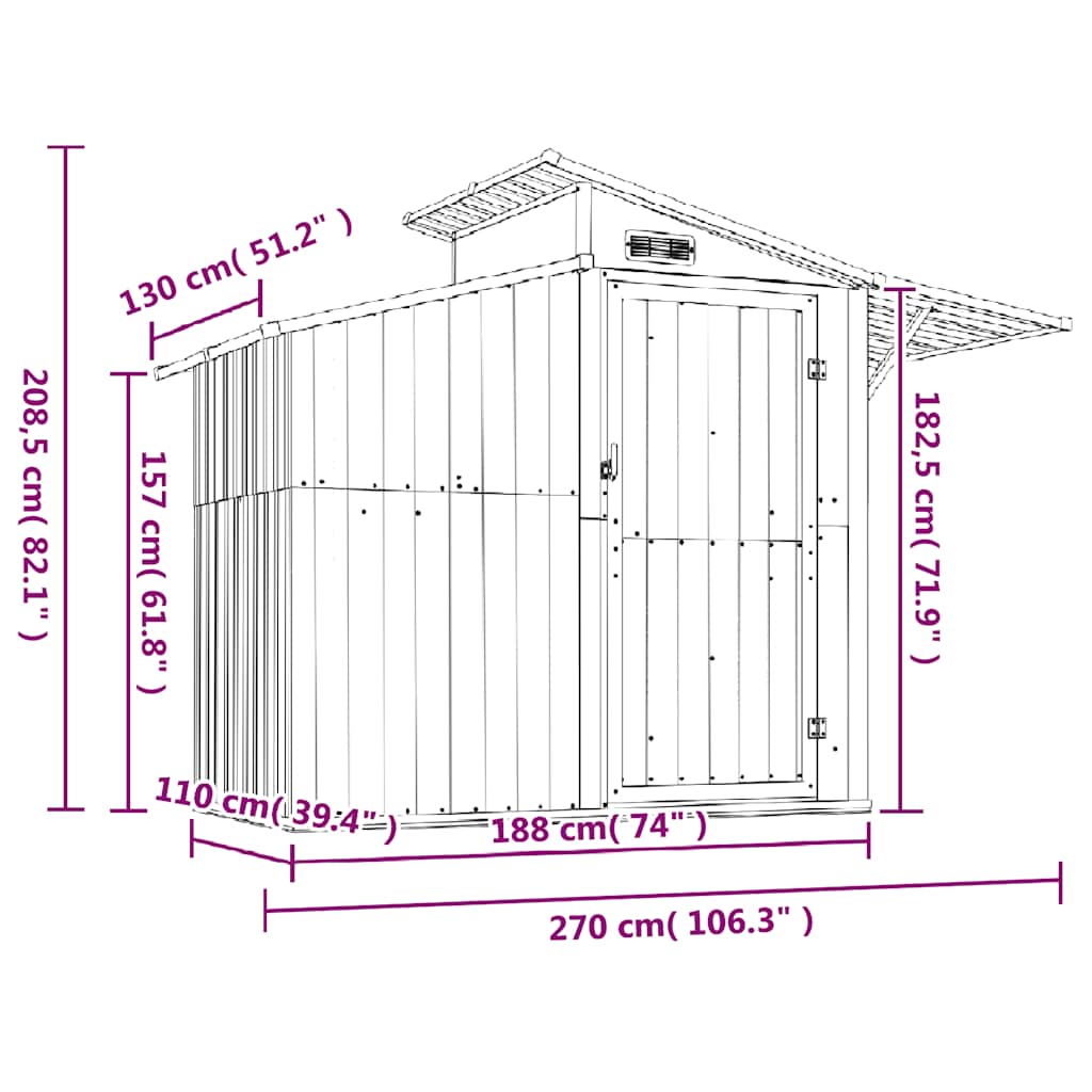 Capanno da Giardino Antracite 270x130x208,5 cm Acciaio Zincato | homemem39