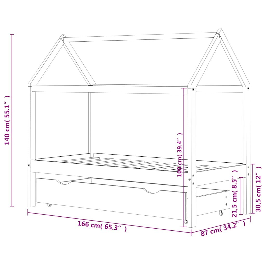 Giroletto per Bambini con Cassetto Bianco Legno Pino 80x160 cm