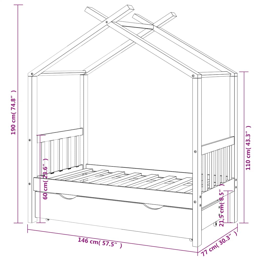 Giroletto Bambini con Cassetto Bianco Legno di Pino 70x140 cm | homemem39