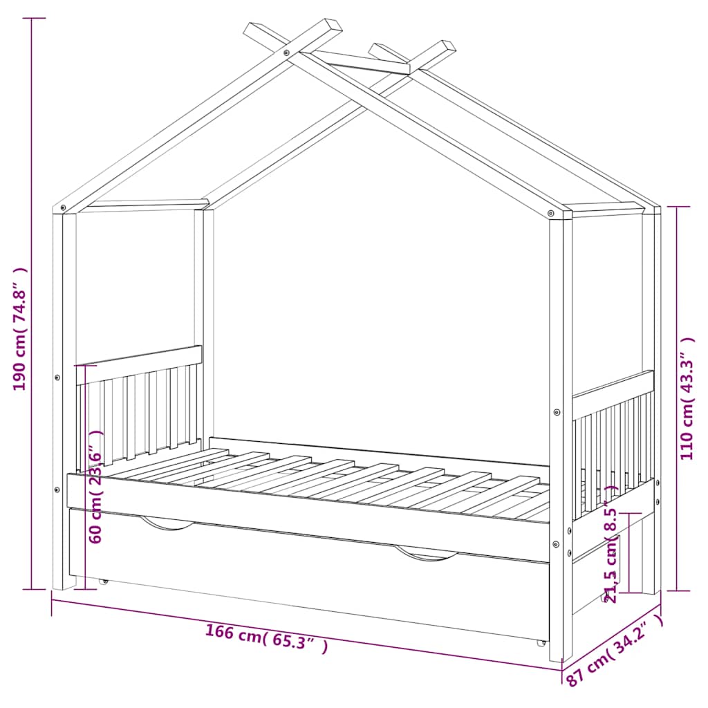 Giroletto per Bambini con Cassetto in Legno di Pino 80x160cm | homemem39