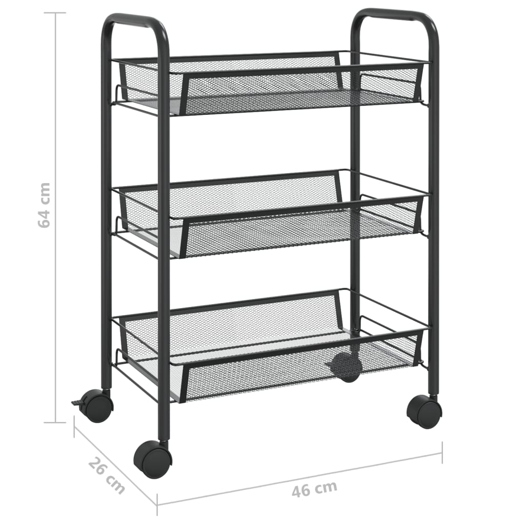 Carrello da Cucina con 3 Ripiani Nero 46x26x64 cm in Ferro | homemem39