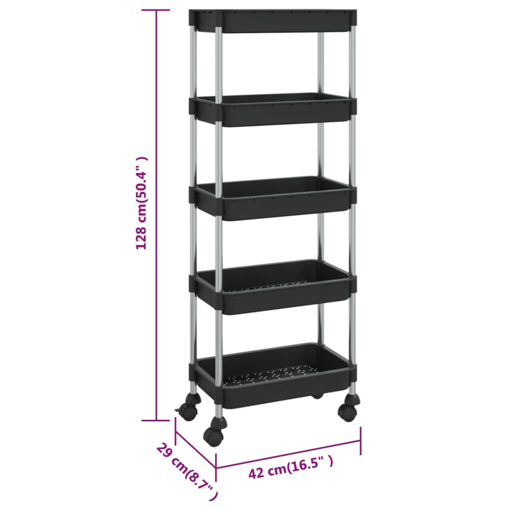 Carrello da Cucina 5 Ripiani Nero 42x29x128 cm Ferro e ABS | homemem39