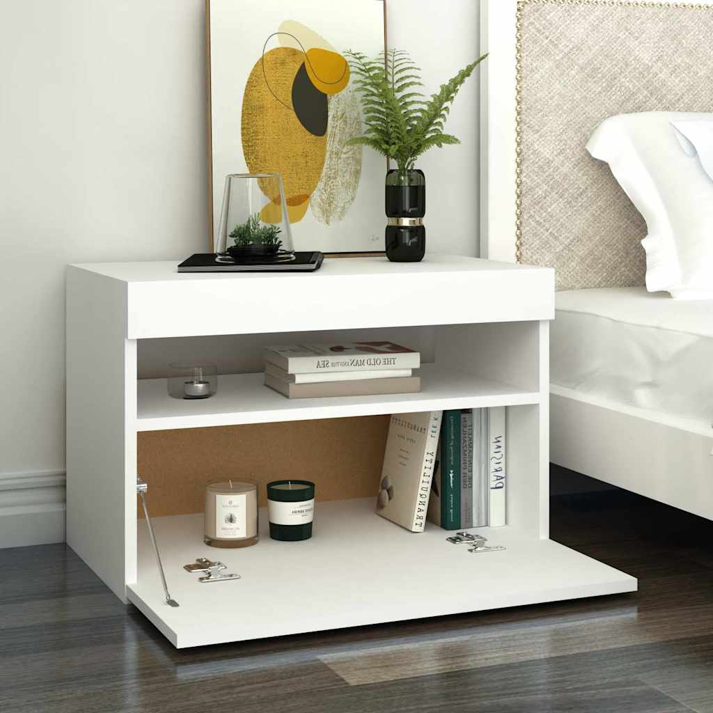 Comodino e Luci LED Bianco 60x35x40 cm in Legno Multistrato | homemem39