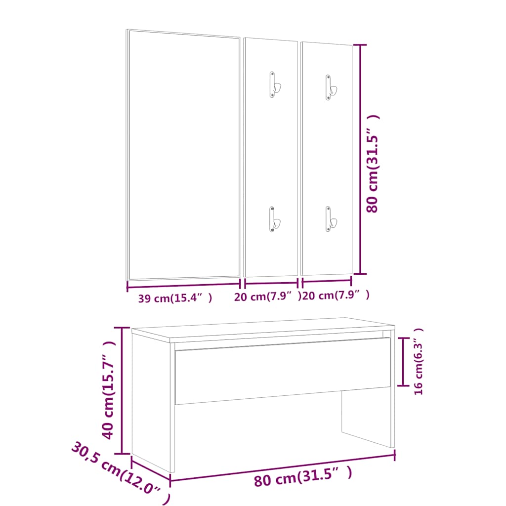 Set di Mobili da Corridoio Bianco in Legno Multistrato | homemem39