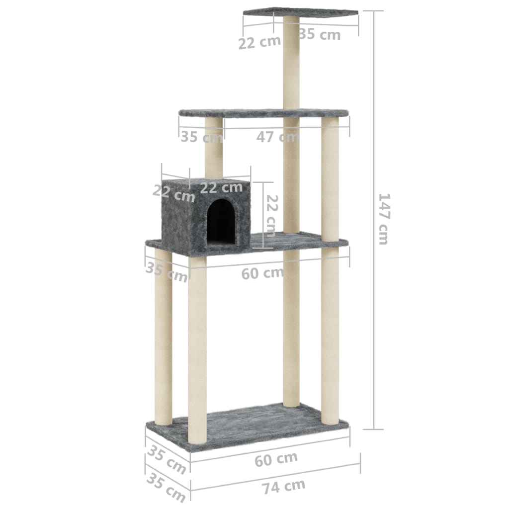 Albero per Gatti con Tiragraffi in Sisal Grigio Scuro 147 cm | homemem39