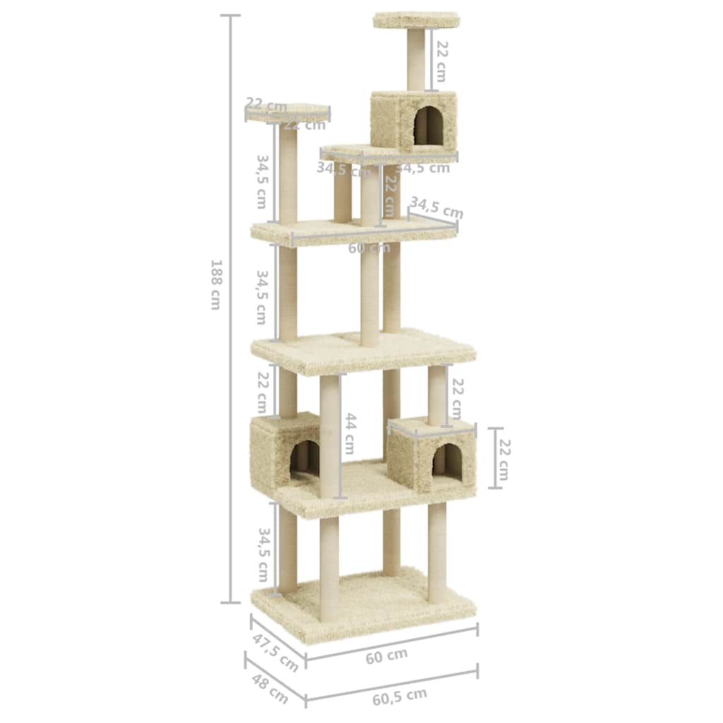 Albero per Gatti con Tiragraffi in Sisal Crema 188 cm | homemem39