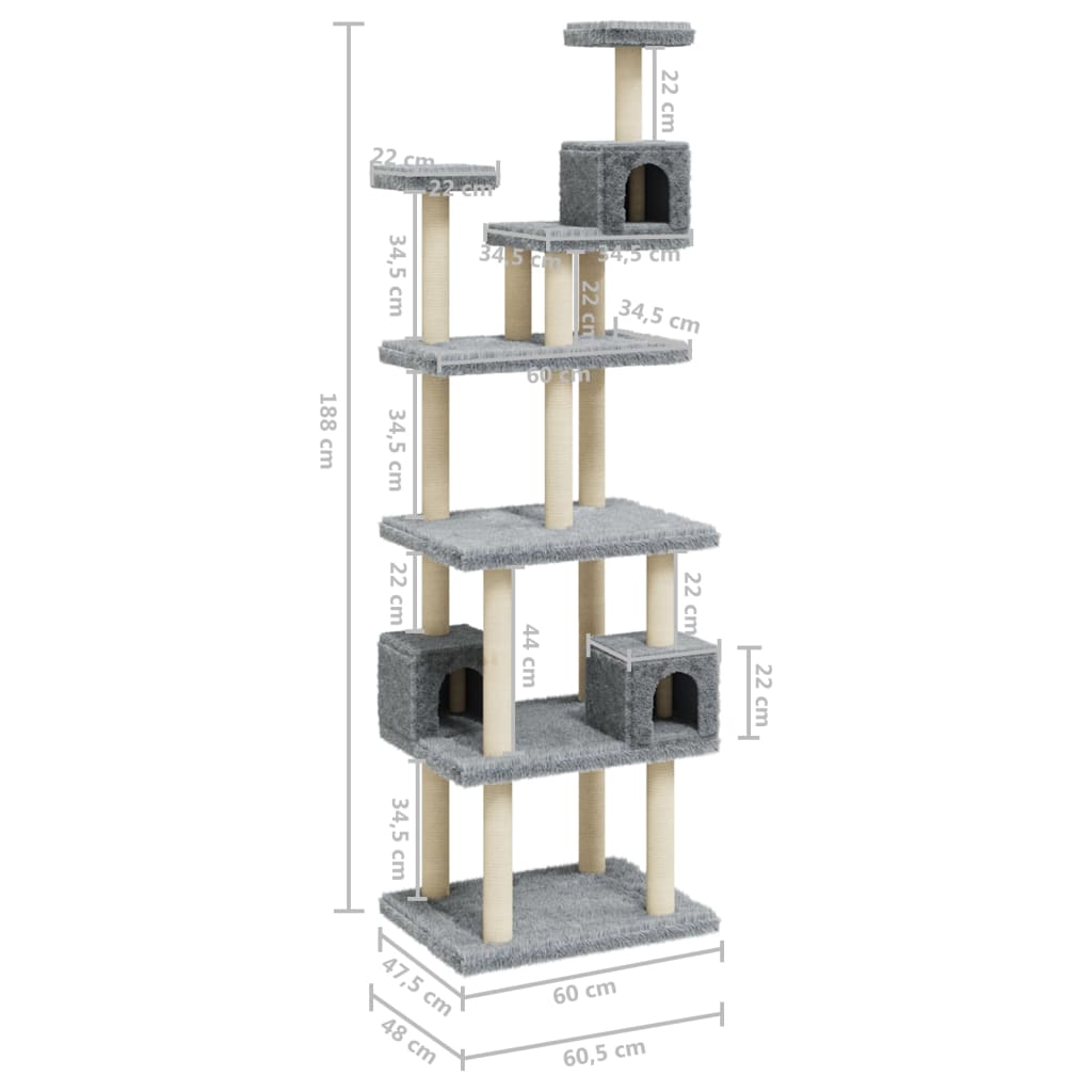 Albero per Gatti con Tiragraffi in Sisal Grigio Chiaro 188 cm | homemem39
