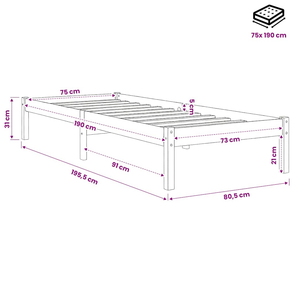 Giroletto Bianco in Legno Massello 75x190 cm Small Single