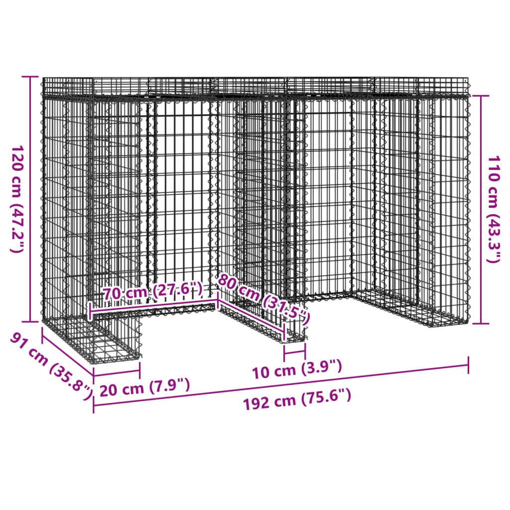 Parete Gabbioni Bidone Spazzatura 192x91x120 cm Ferro Zincato | homemem39
