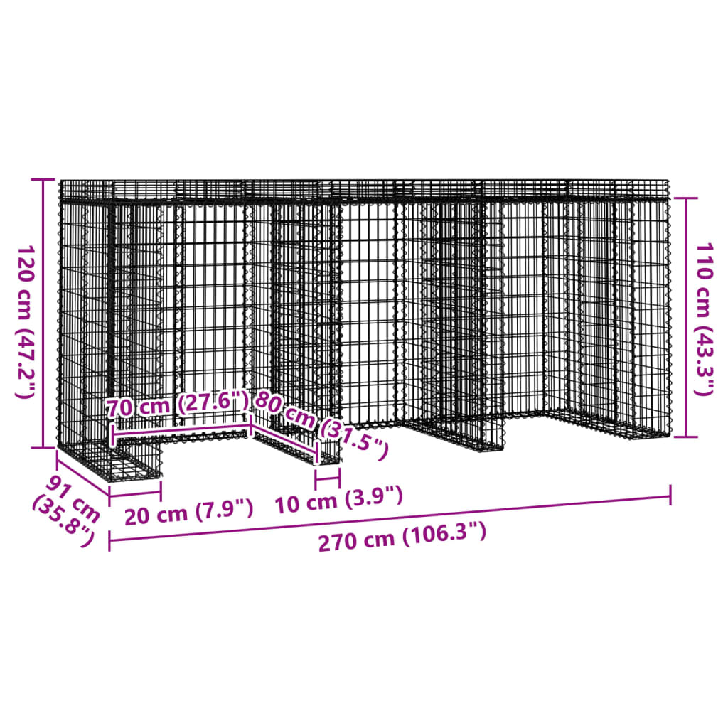 Parete Gabbioni Bidone Spazzatura 270x91x120 cm Ferro Zincato | homemem39