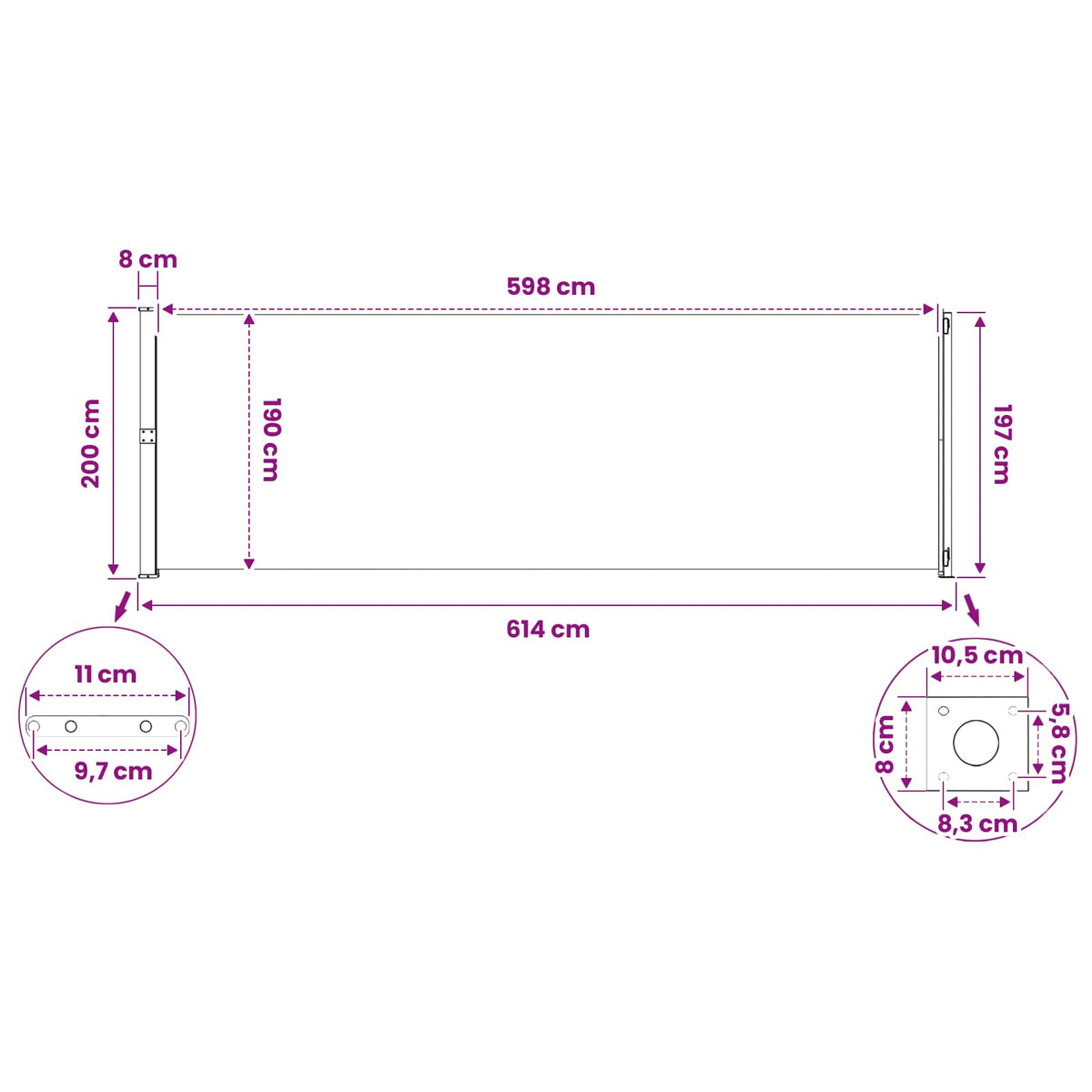 Tenda da Sole Laterale Retrattile per Patio 200x600 cm Rossa