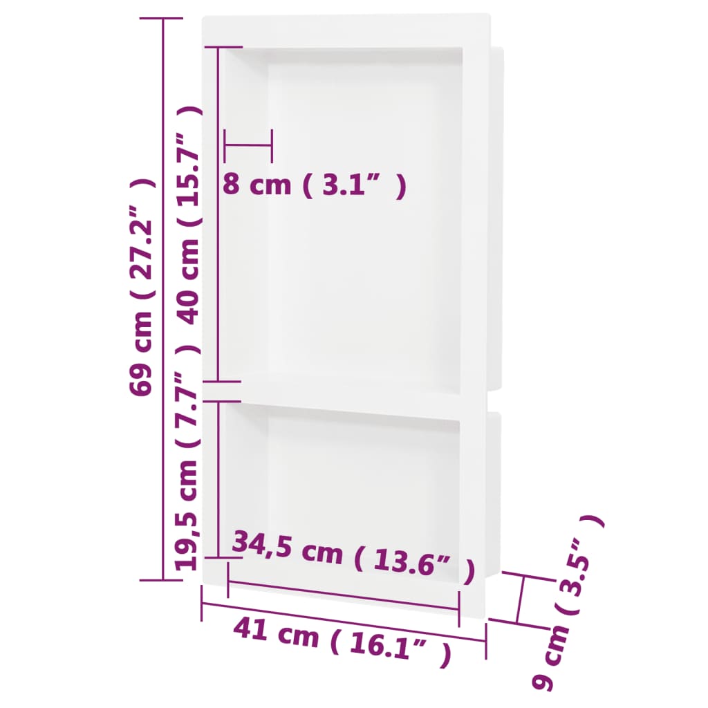 Nicchia da Doccia con 2 Scomparti Bianco Lucido 41x69x9 cm | homemem39