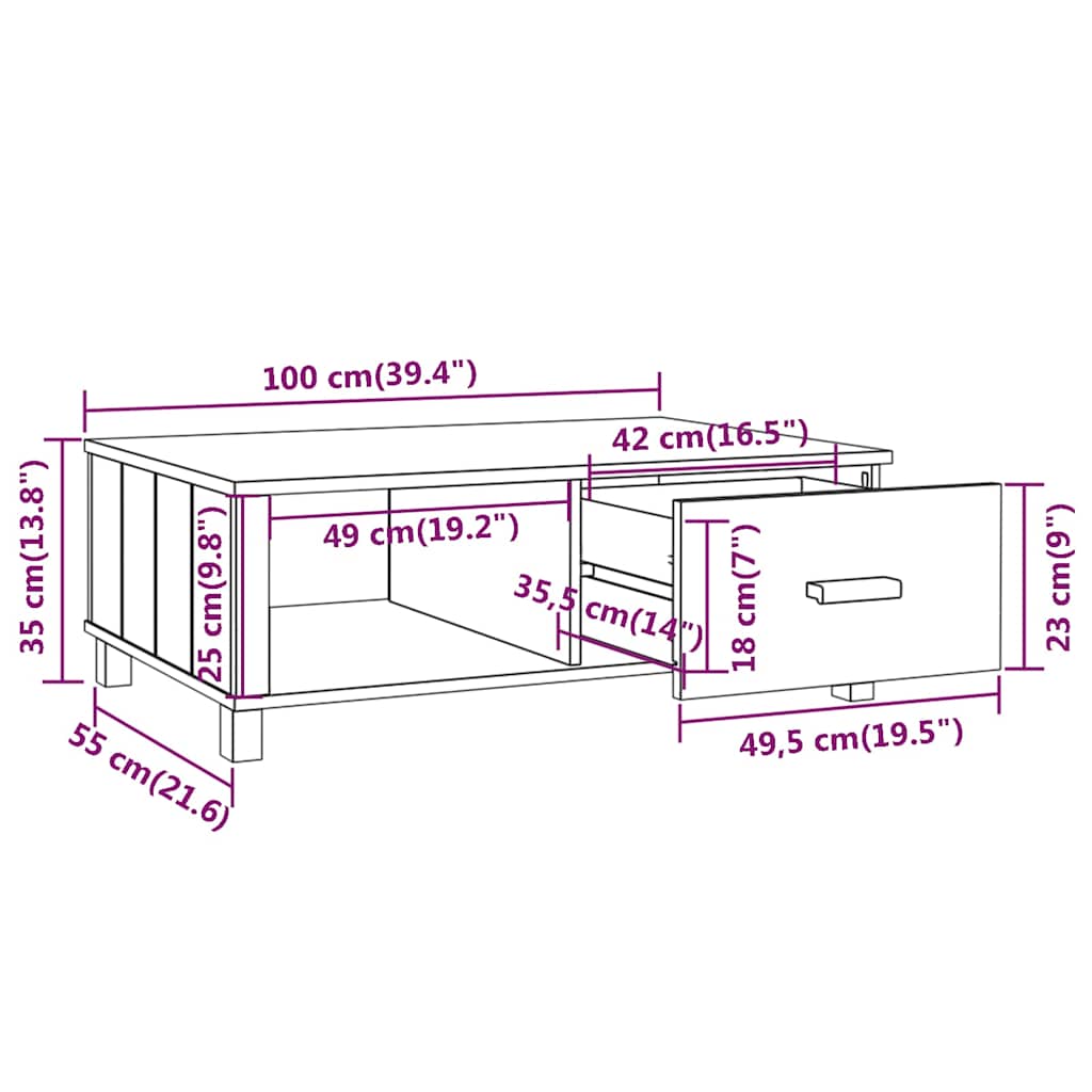 Tavolino HAMAR Grigio Chiaro 100x55x35cm Legno Massello di Pino